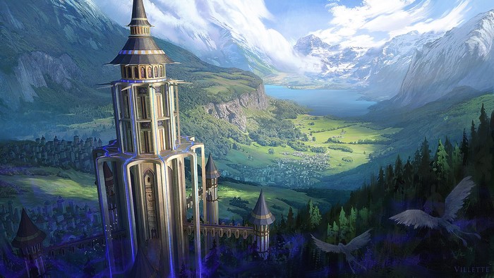Fantasy castle tower overlooking a valley and lake