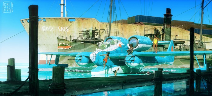 Children playing on a seaplane near a cargo ship
