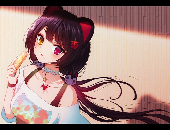Anime girl with cat ears eating a spring roll