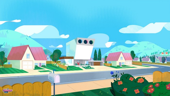 Powerpuff Girls cartoon scene with houses and mountains