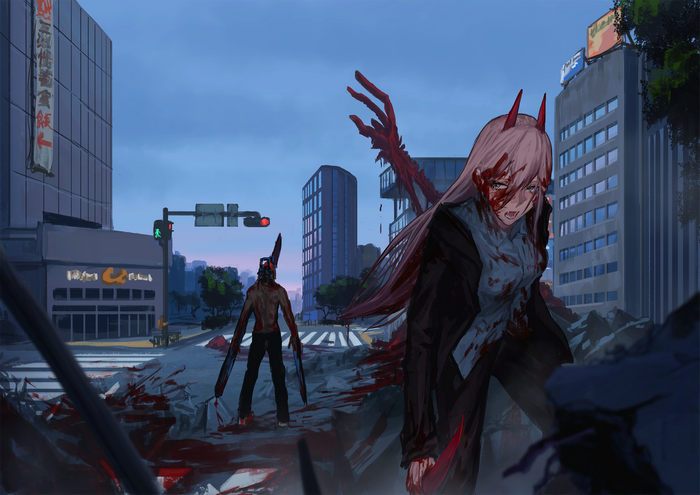 Power and Denji from Chainsaw Man in a bloody city