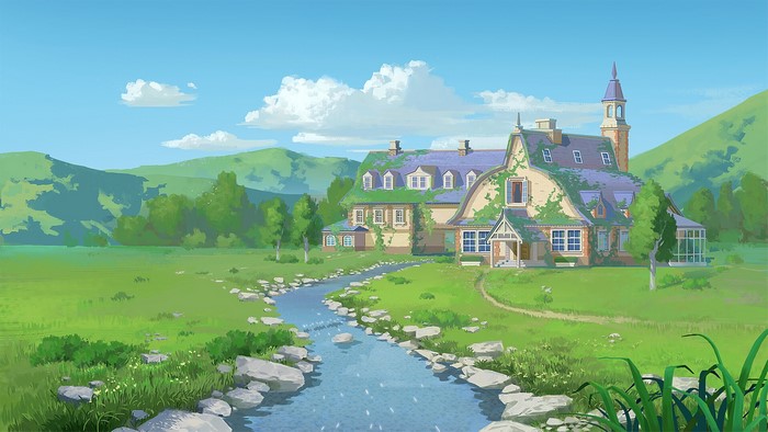 Fantasy cottage by a river in green hills