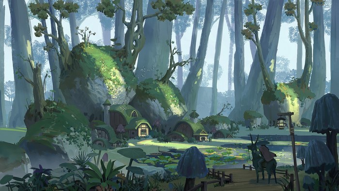 Fantasy forest village with hobbit-like homes and a rider on a creature