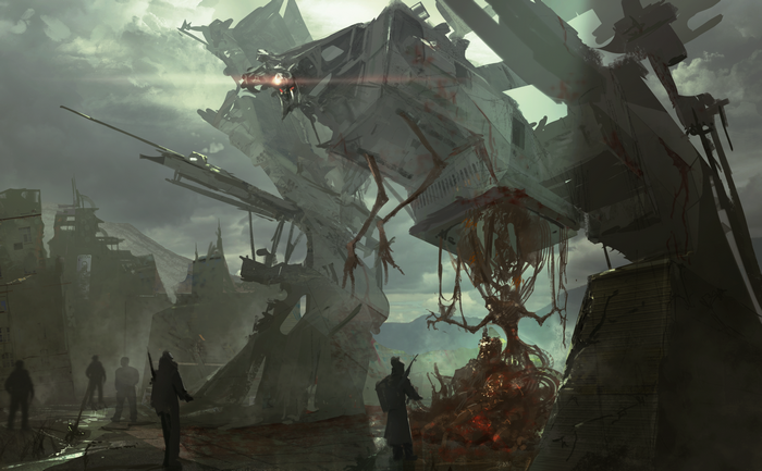Science fiction artwork of a futuristic, destroyed city