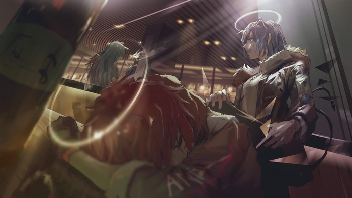 Anime characters in a dimly lit room