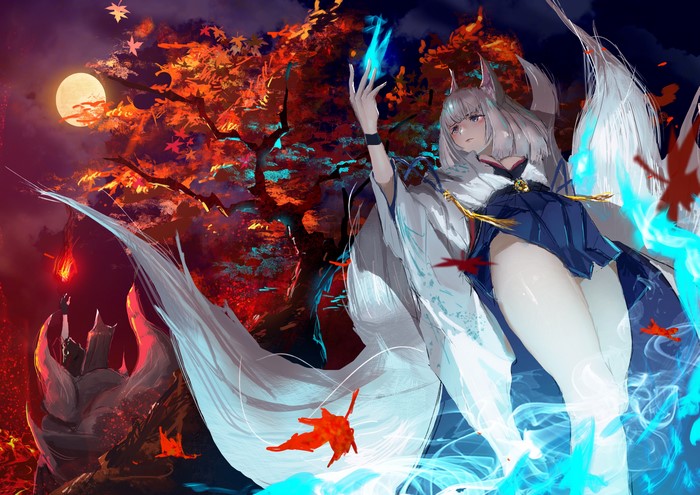 Kaga from Azur Lane with fox ears and tails