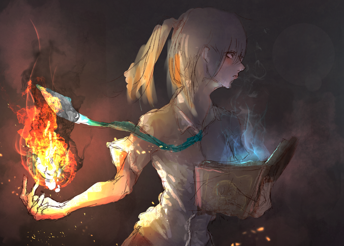 Anime girl casting fire and blue magic from a book