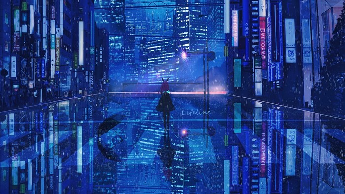 Anime girl in rainy neon city with reflections