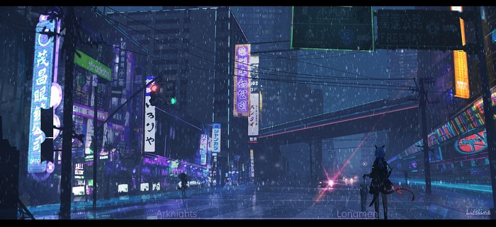 Arknights Longmen anime girl in rainy city