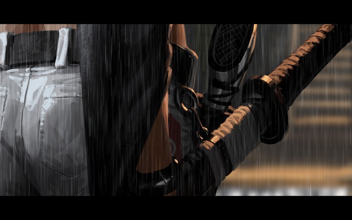 Artwork of a person in jeans holding a katana in the rain