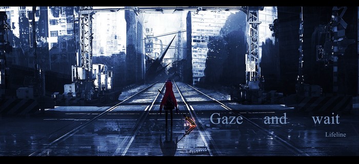 Anime girl on train tracks with text