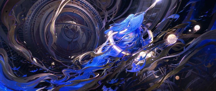 Fantasy artwork with blue shapes