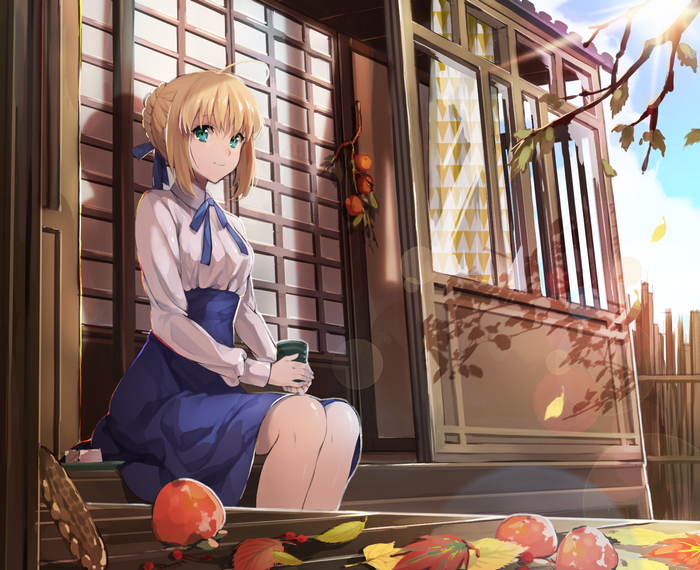 Saber from Fate/Stay Night sitting on steps with tea