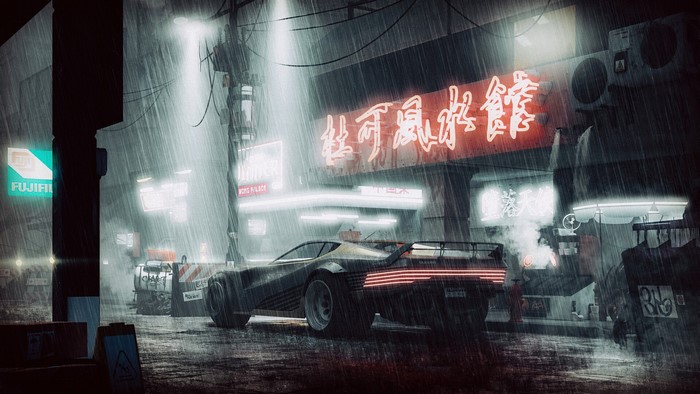 Futuristic car in a rainy cyberpunk city at night