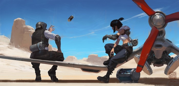Two people in a desert with a propeller