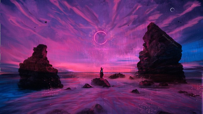 Digital art of a person standing on rocks in the ocean during a colorful sunset with rain