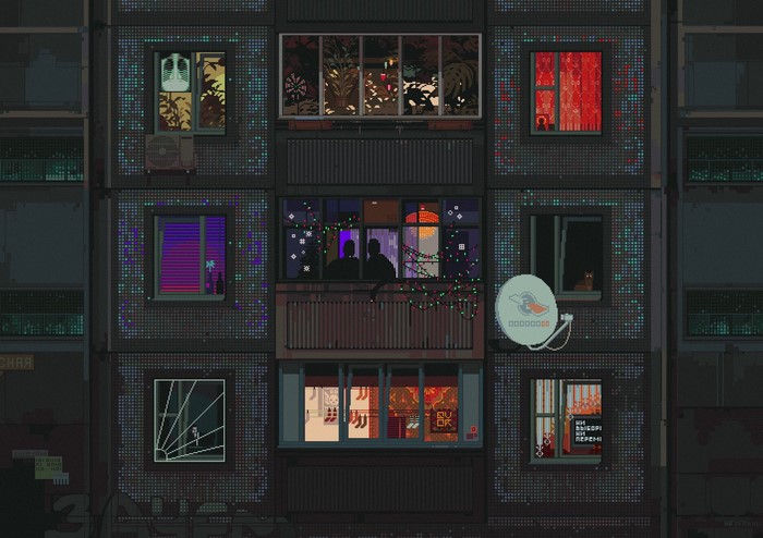 Urban Satellite Dish on Russian Building Pixel Art