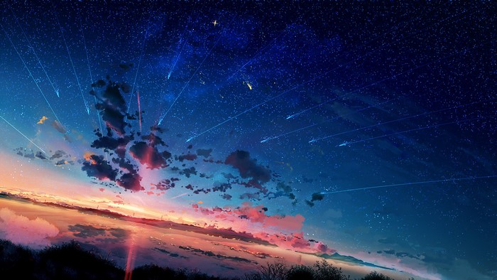 Anime sky with stars and clouds at sunset