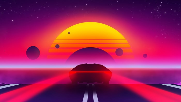 Retro car driving on a road with a large sunset