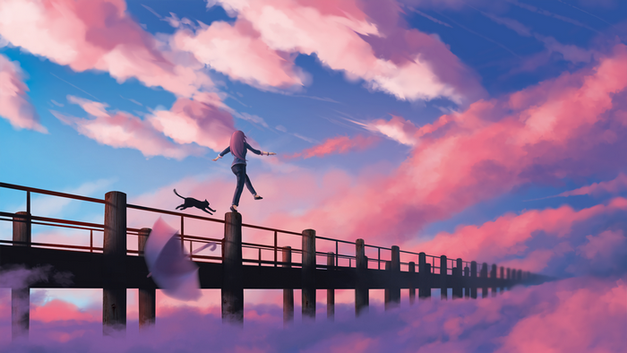Anime girl and cat on a bridge in the clouds