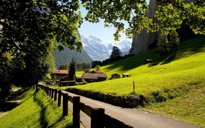 Alpine village with snow-capped mountains and green meadows