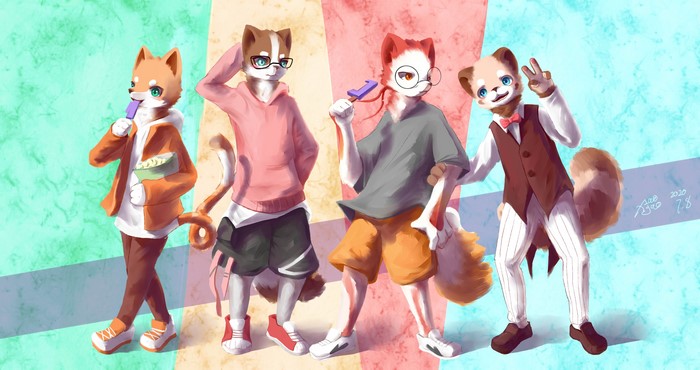 Four anthropomorphic dogs in casual and formal wear