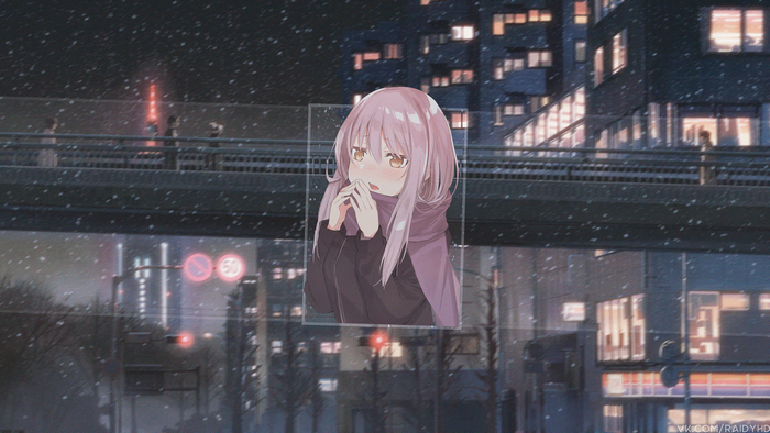 Anime girl in picture-in-picture with snowy city background