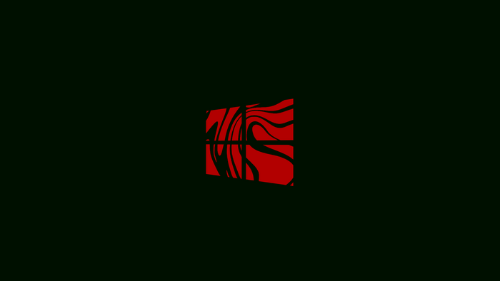 Windows logo with red liquid abstract design on dark green background