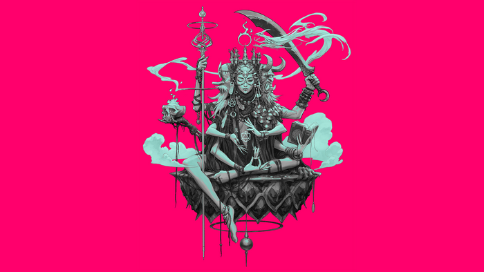 Multi-armed deity with skull and sword on pink background