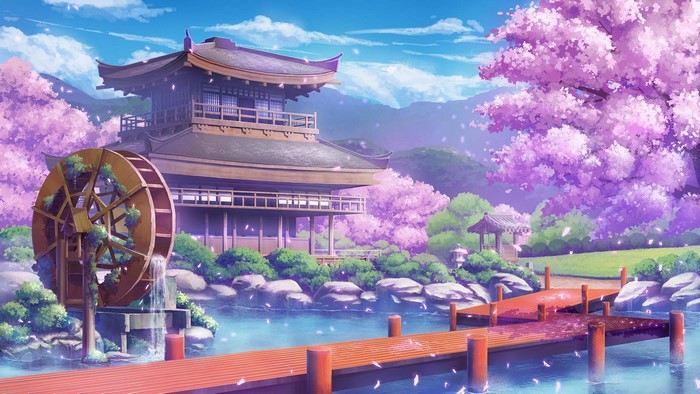 Anime landscape with Japanese temple and cherry blossoms