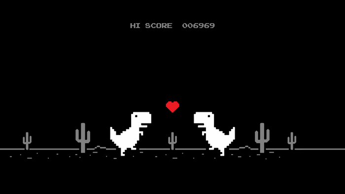 Google Chrome T-Rex game with heart and cacti