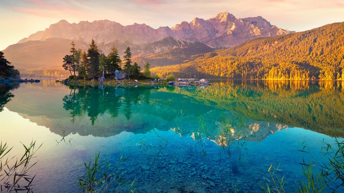Lake Eibsee with Mountains and Forest Reflection