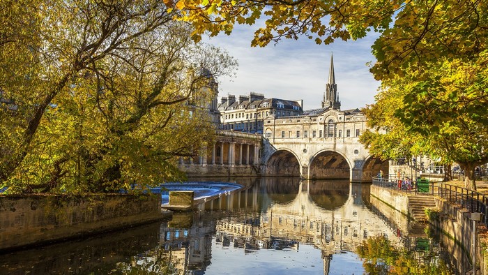 Pulteney Bridge over River Avon in Bath, England