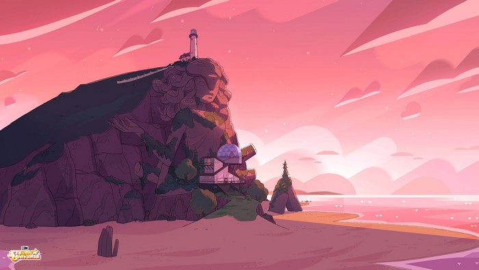 Rose Quartz statue and lighthouse on a cliff overlooking the ocean at sunset