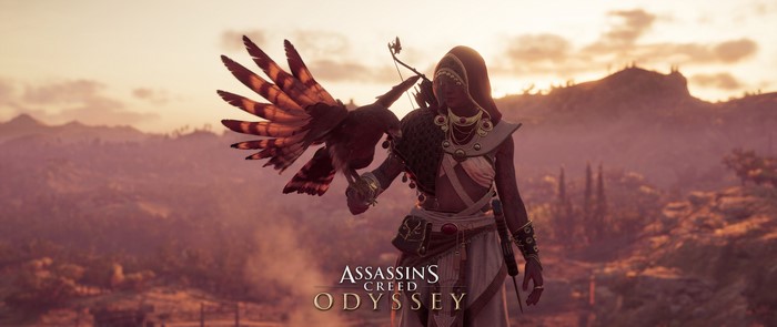 Kassandra from Assassin's Creed Odyssey with a bird