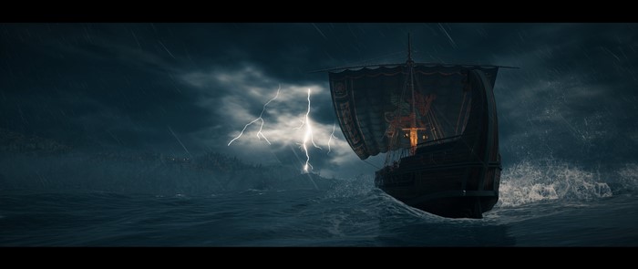 4K Lightning Storm over Ship in Assassin's Creed: Odyssey