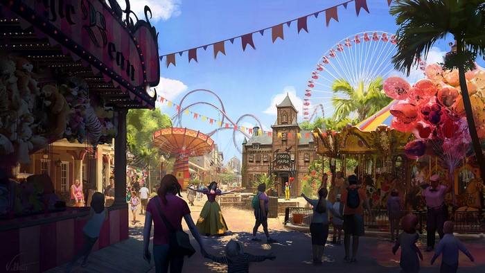 Amusement park with Ferris wheel, carousel, and roller coaster