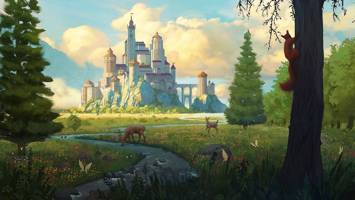 Fantasy castle in a meadow with deer and a squirrel