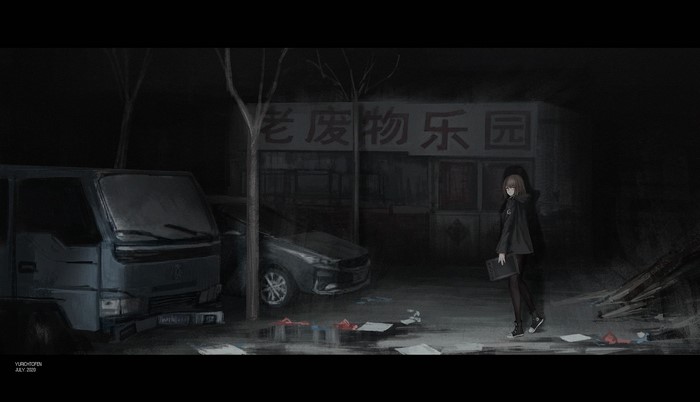 Anime girl in dark alley with abandoned vehicles