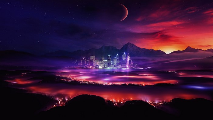 Futuristic city at night with mountains and moon