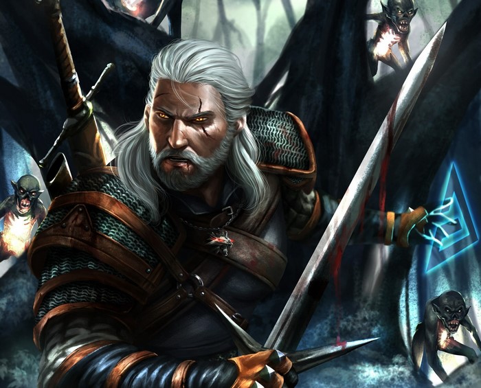 Geralt of Rivia from The Witcher 3 fighting monsters