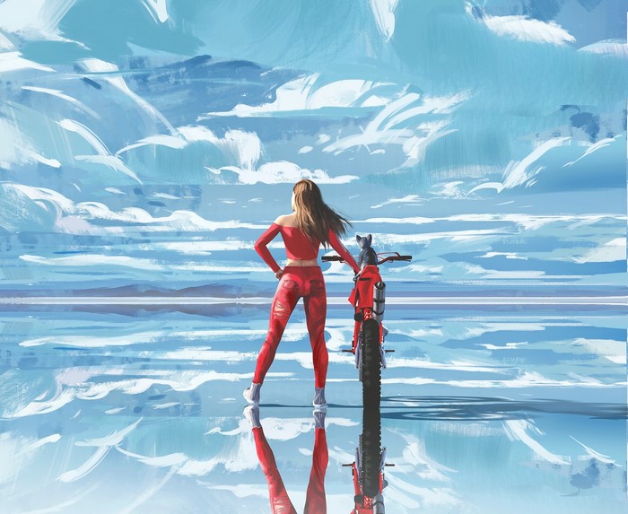 Woman in red outfit with motorcycle and dog
