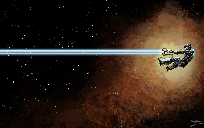 Isaac Clarke from Dead Space firing a plasma cutter in space