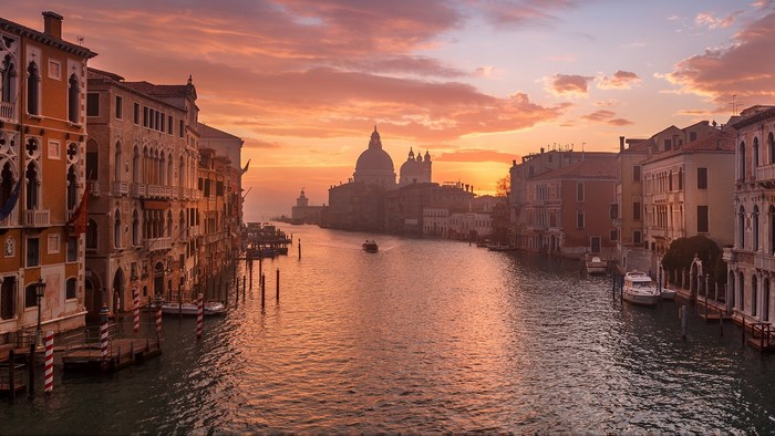 Venice Grand Canal at Sunset with Boats and Buildings