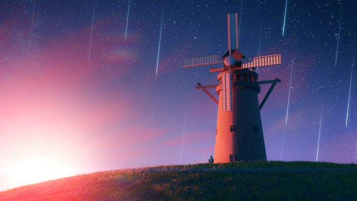 Windmill under a starry sky with shooting stars and sunrise