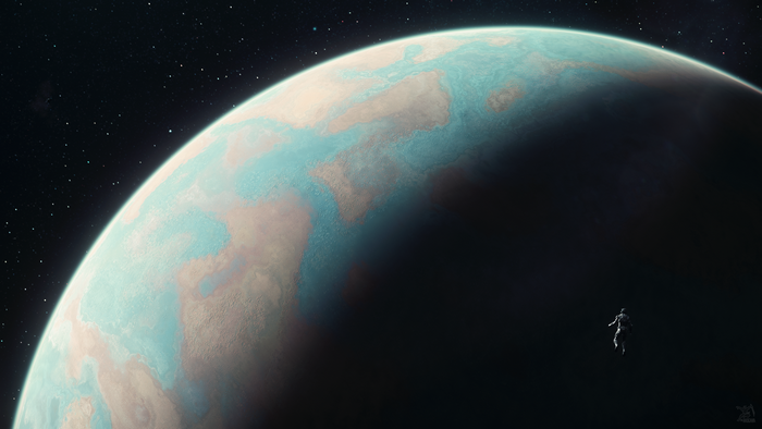 Astronaut floating near a planet in space