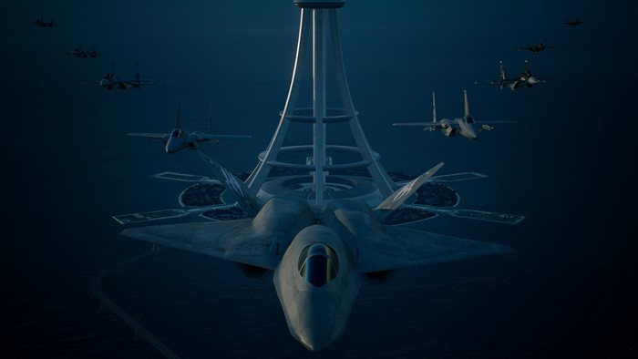 Fighter jets flying near a futuristic structure in Ace Combat 7