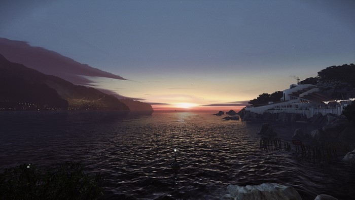 Dishonored 2 screenshot of a sunset over the sea