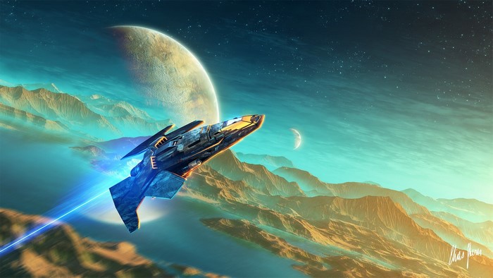Spaceship flying over alien planet landscape with planets in sky