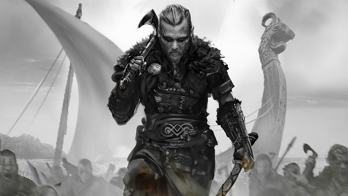 Eivor from Assassins Creed Valhalla with Viking longships